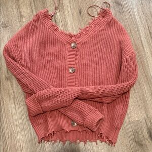 moon & madison Frayed Hem Cardigan - Coral